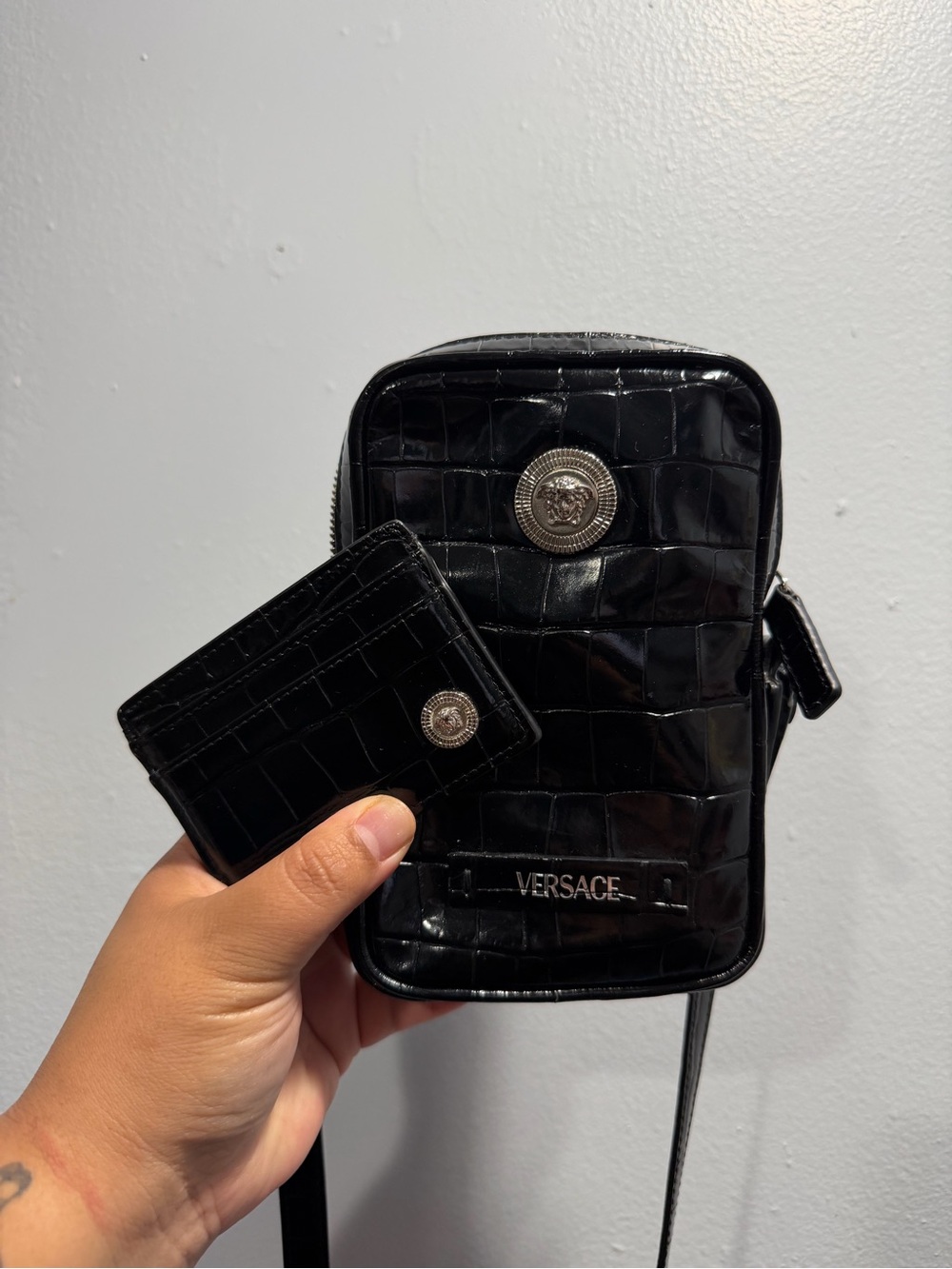 Versace Black Croc-Embossed Leather Crossbody with Card Case and Medusa Hardware